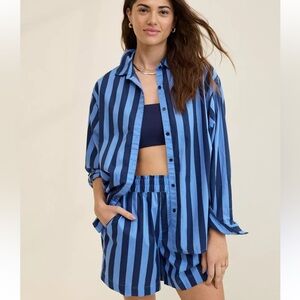 Aerie X Good day oversized pajama shirt with matching shorts, blue striped.